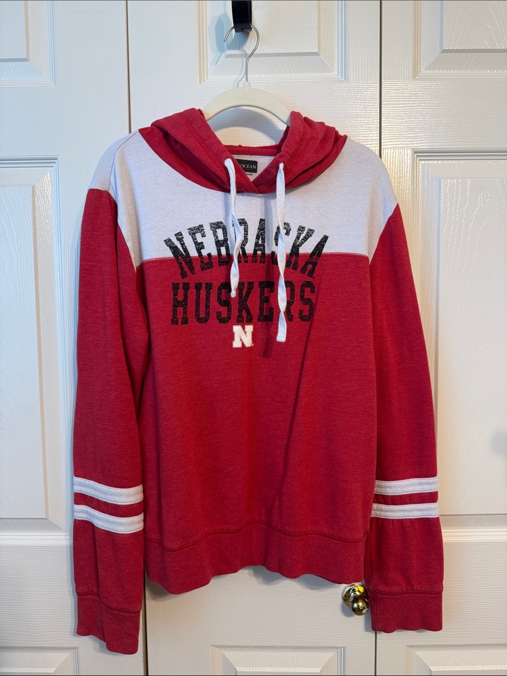 Red Crewneck Hoodie with White Yoke and Nebraska Huskers Logo